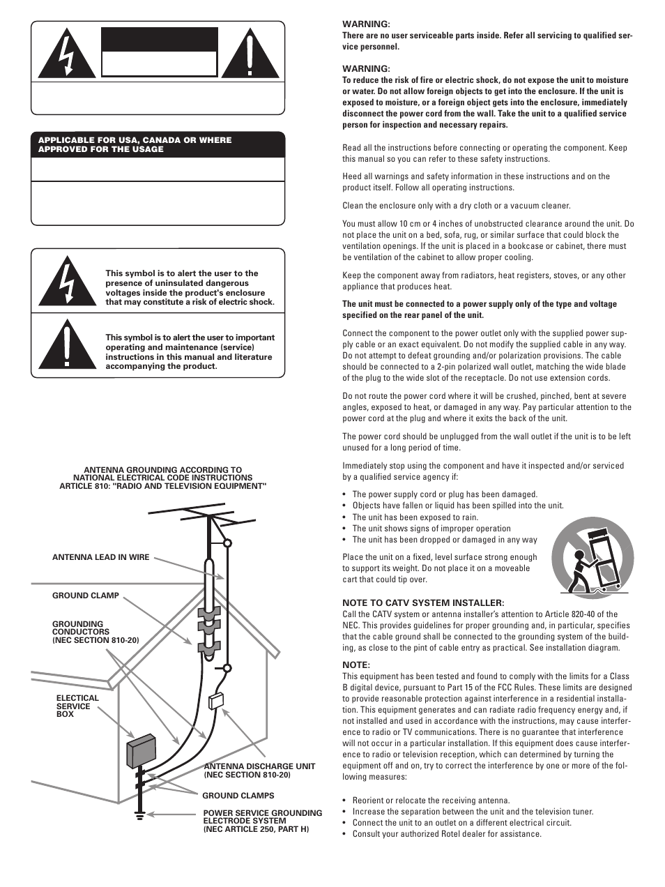 Caution, Risk of electric shock do not open | ROTEL RSX-965 User Manual | Page 2 / 24