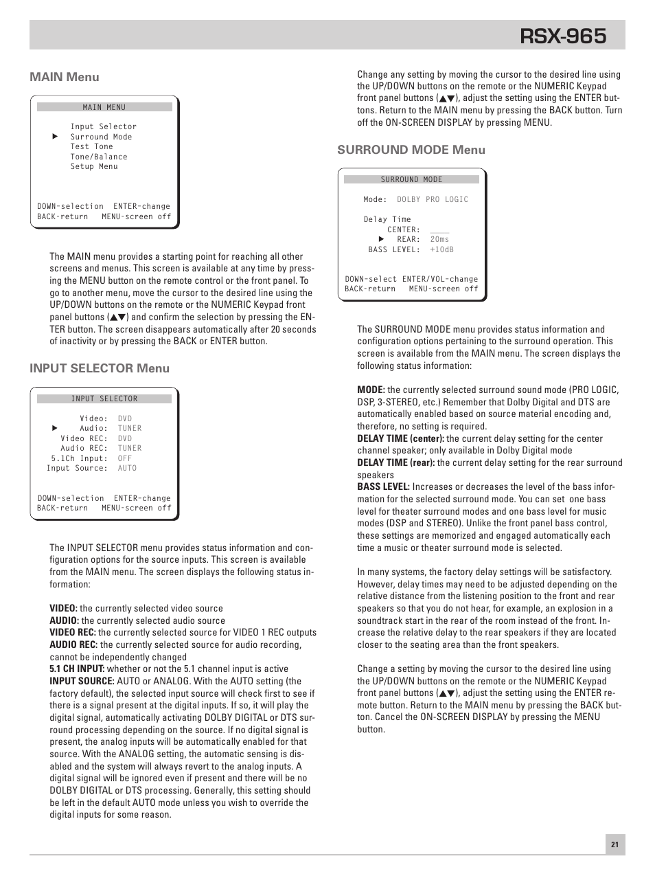 Main menu, Input selector menu, Surround mode menu | Rsx-965 | ROTEL RSX-965 User Manual | Page 21 / 24