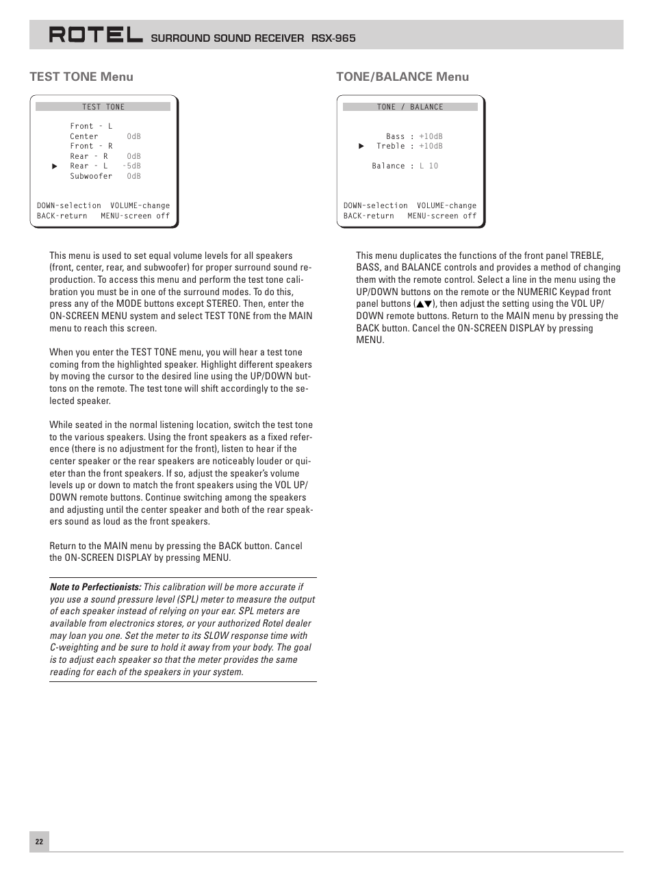 Test tone menu, Tone/balance menu | ROTEL RSX-965 User Manual | Page 22 / 24