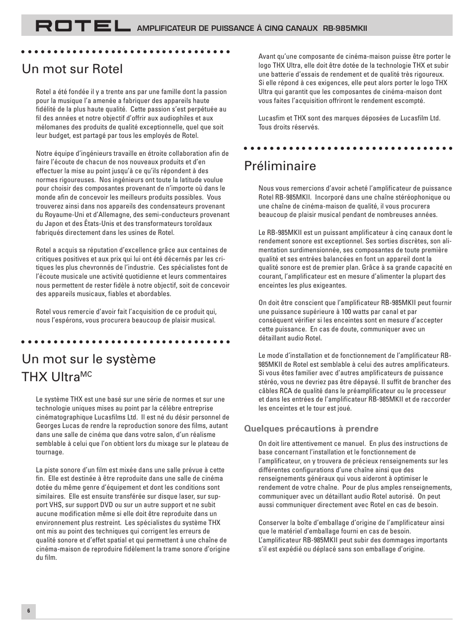 Un mot sur rotel, Un mot sur le système thx ultra, Préliminaire | ROTEL RB-985 MKII User Manual | Page 10 / 30