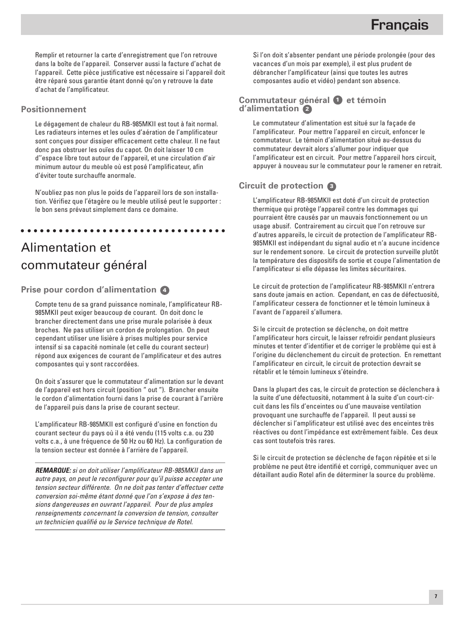 Français, Alimentation et commutateur général | ROTEL RB-985 MKII User Manual | Page 11 / 30