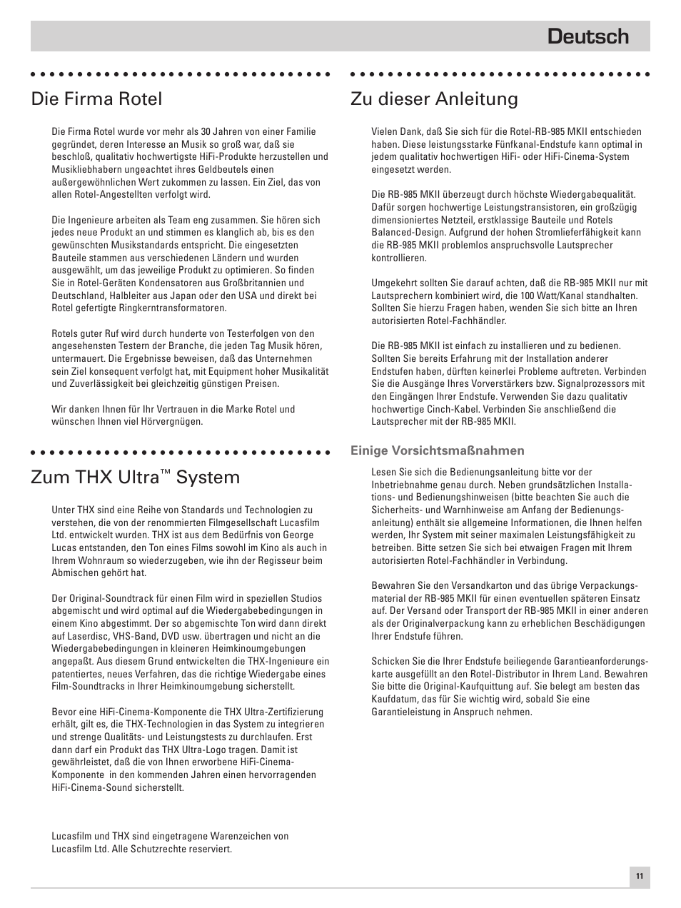 Deutsch, Die firma rotel, Zum thx ultra | System, Zu dieser anleitung | ROTEL RB-985 MKII User Manual | Page 15 / 30