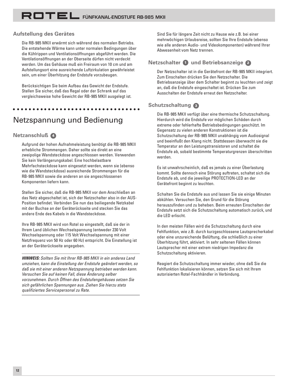 Netzspannung und bedienung | ROTEL RB-985 MKII User Manual | Page 16 / 30