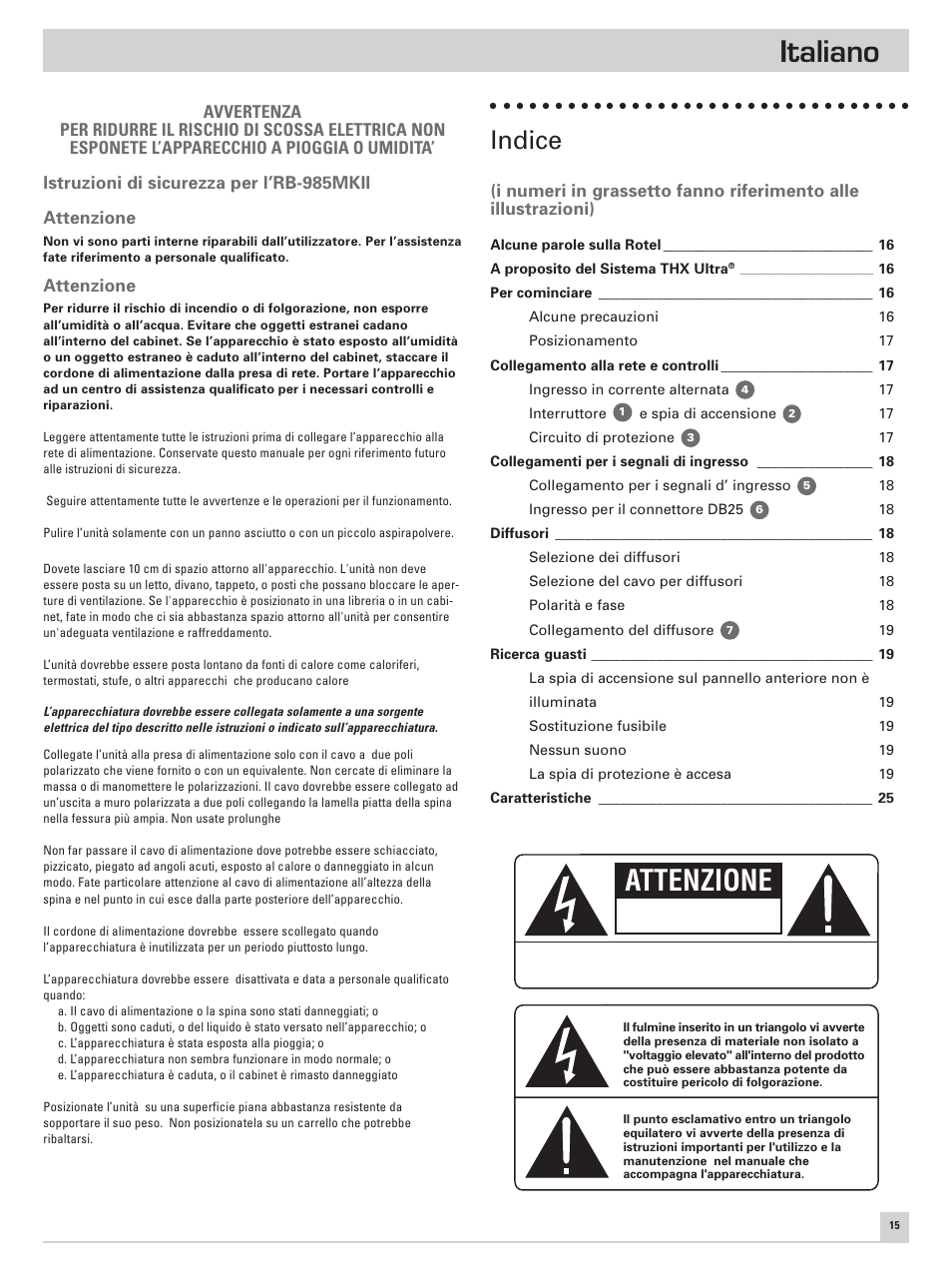 Italiano, Attenzione, Indice | ROTEL RB-985 MKII User Manual | Page 19 / 30
