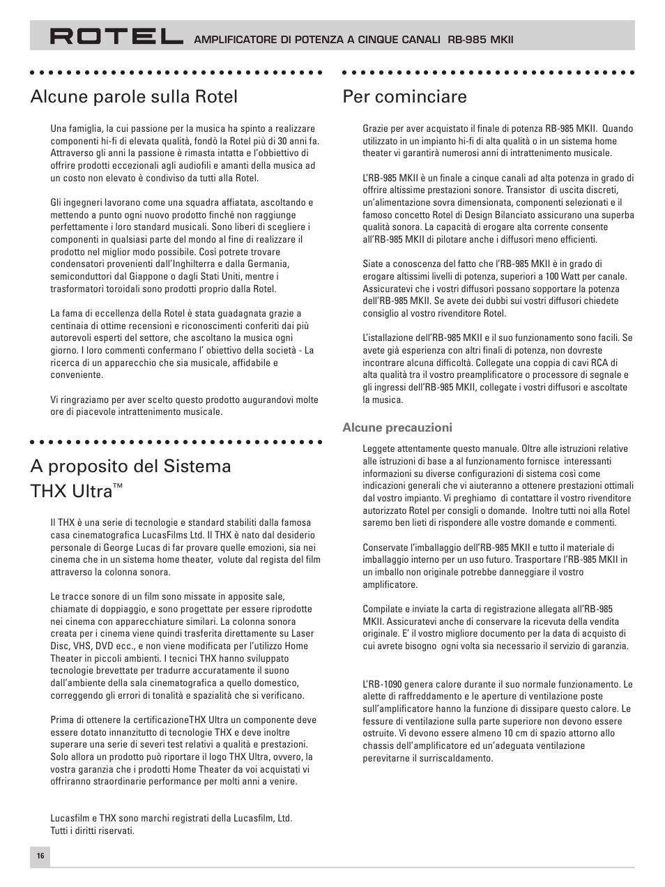 Alcune parole sulla rotel, A proposito del sistema thx ultra, Per cominciare | ROTEL RB-985 MKII User Manual | Page 20 / 30