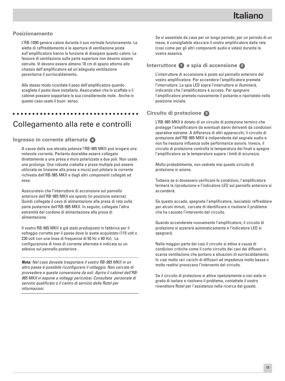 Italiano, Collegamento alla rete e controlli | ROTEL RB-985 MKII User Manual | Page 21 / 30