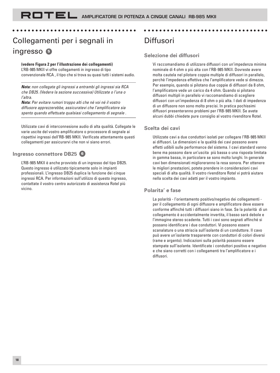 Collegamenti per i segnali in ingresso, Diffusori | ROTEL RB-985 MKII User Manual | Page 22 / 30