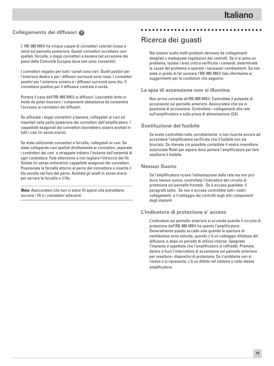 Italiano, Ricerca dei guasti | ROTEL RB-985 MKII User Manual | Page 23 / 30