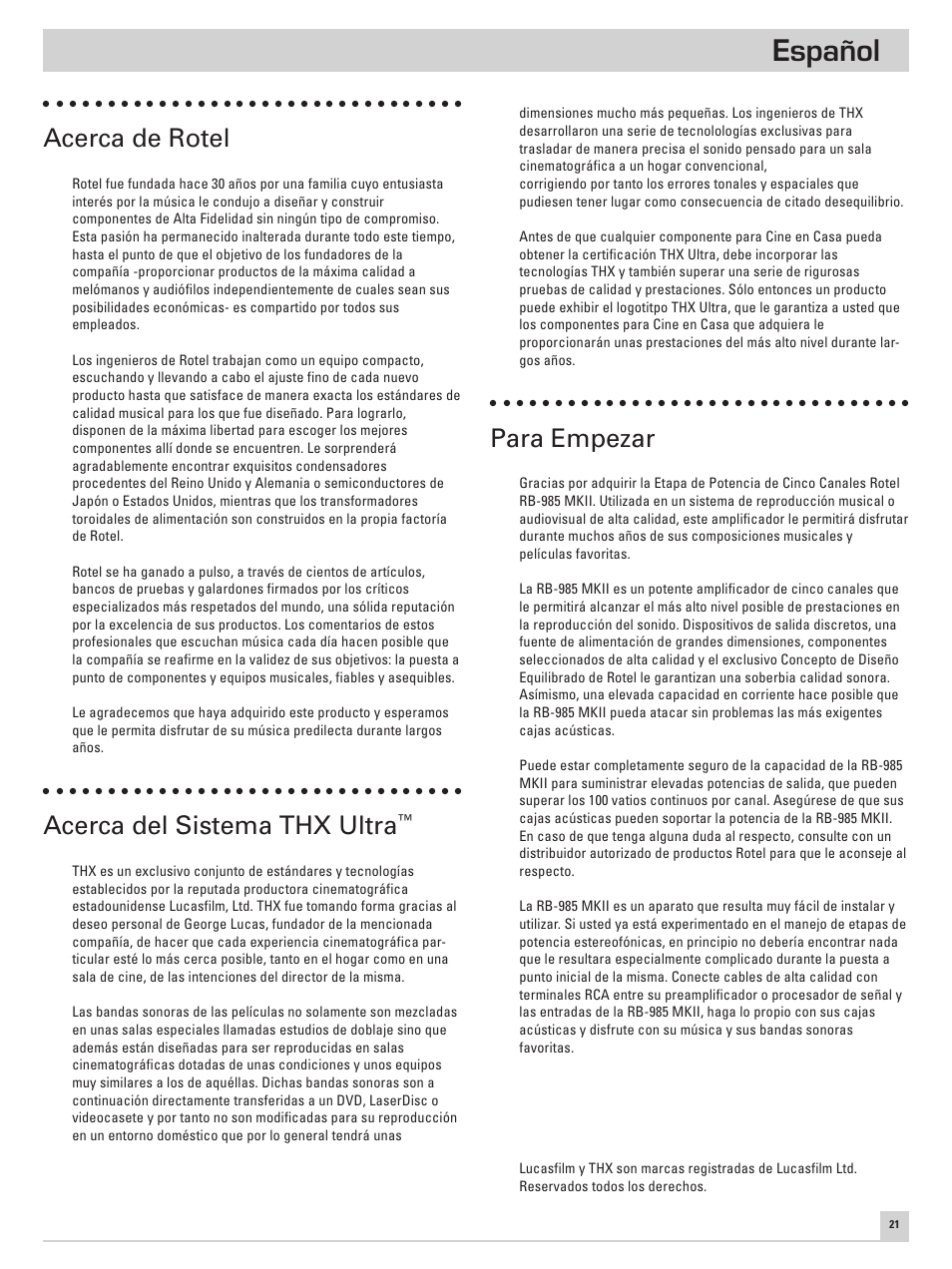Español, Acerca de rotel, Acerca del sistema thx ultra | Para empezar | ROTEL RB-985 MKII User Manual | Page 25 / 30