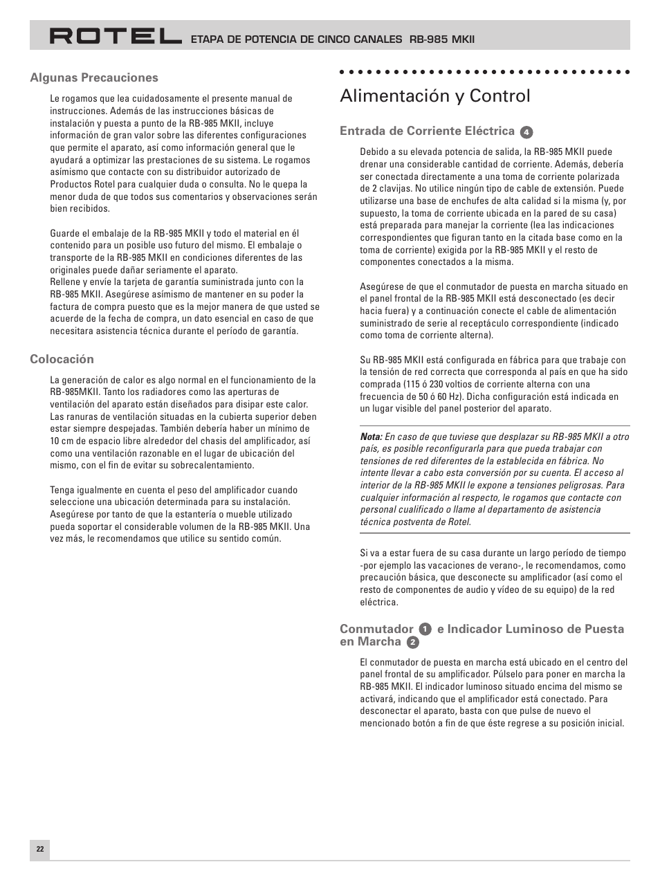 Alimentación y control | ROTEL RB-985 MKII User Manual | Page 26 / 30