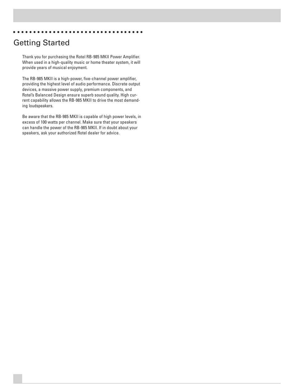 Getting started | ROTEL RB-985 MKII User Manual | Page 6 / 30