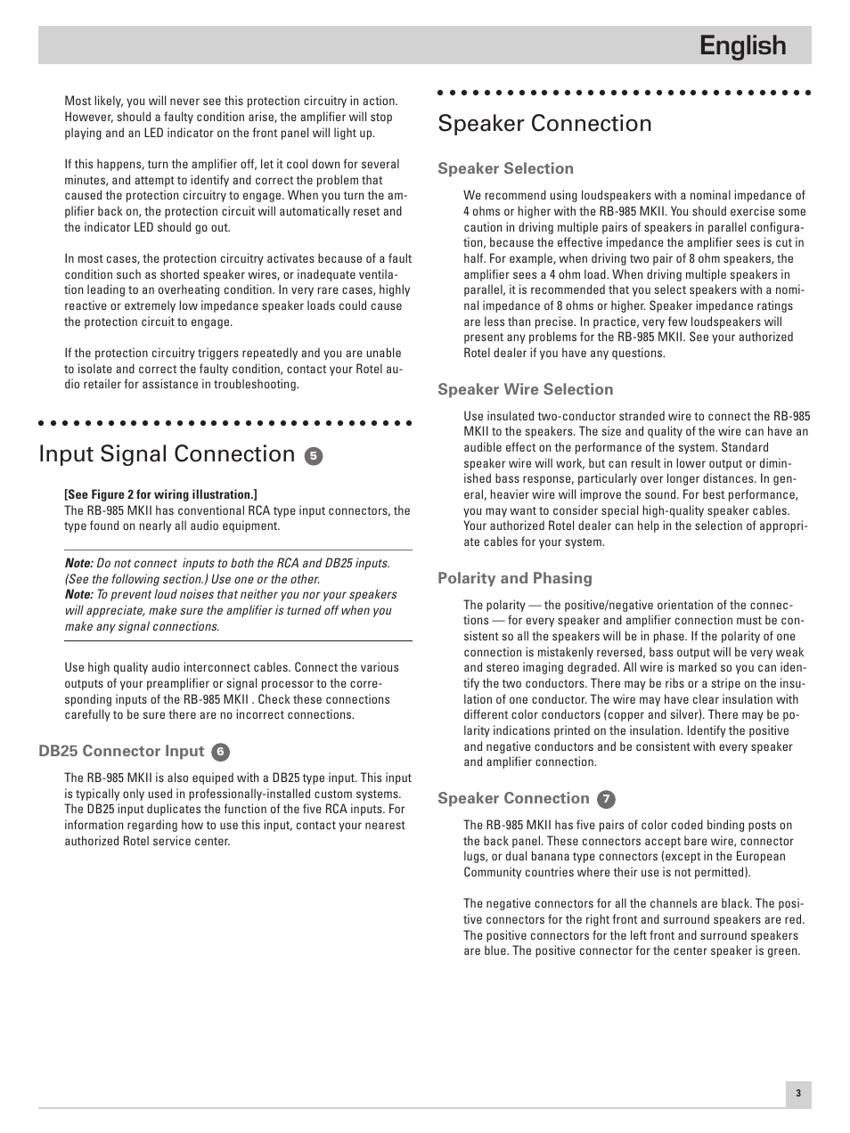 English, Speaker connection, Input signal connection | ROTEL RB-985 MKII User Manual | Page 7 / 30