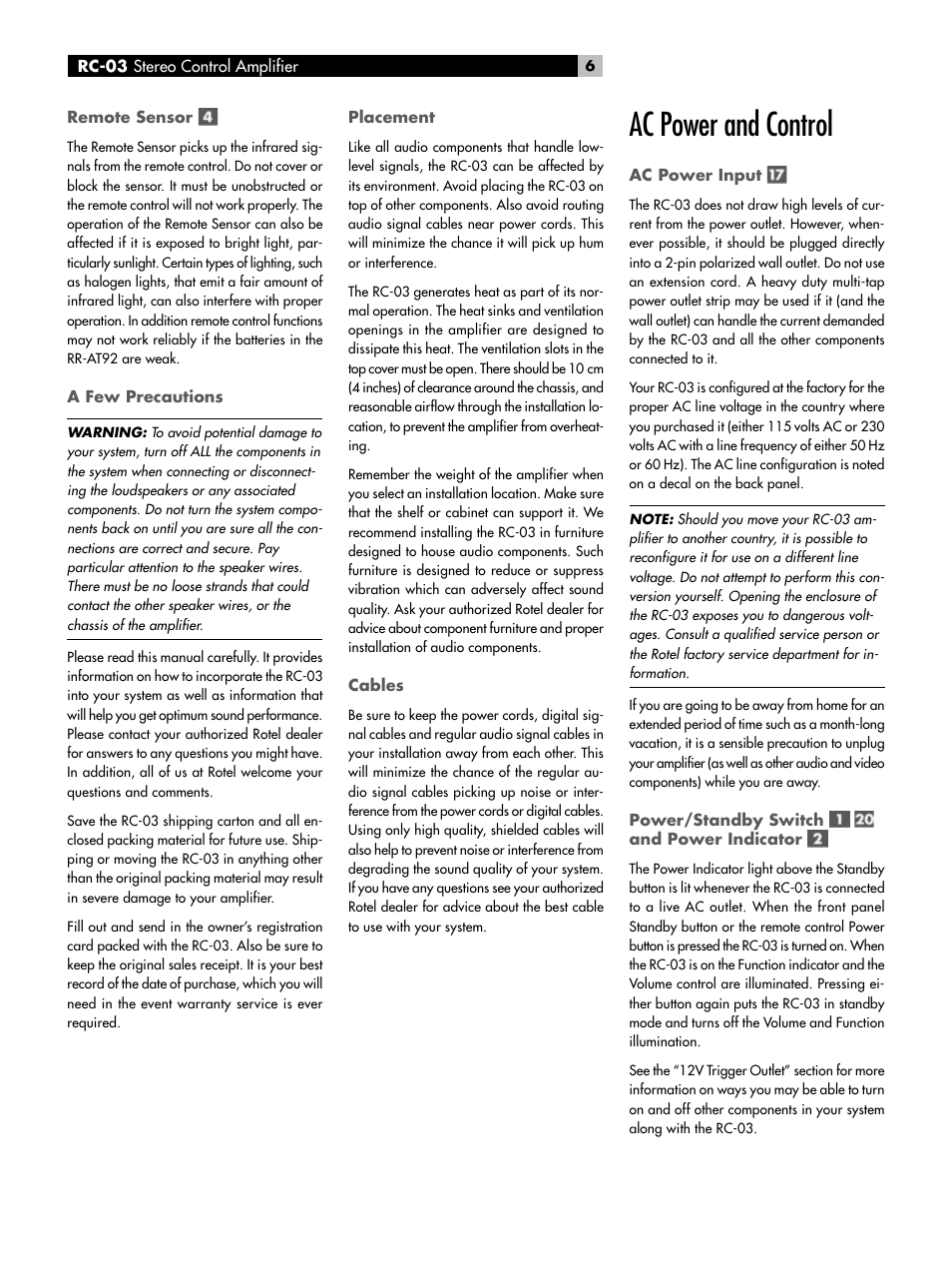 Ac power and control | ROTEL RC-03 User Manual | Page 6 / 10