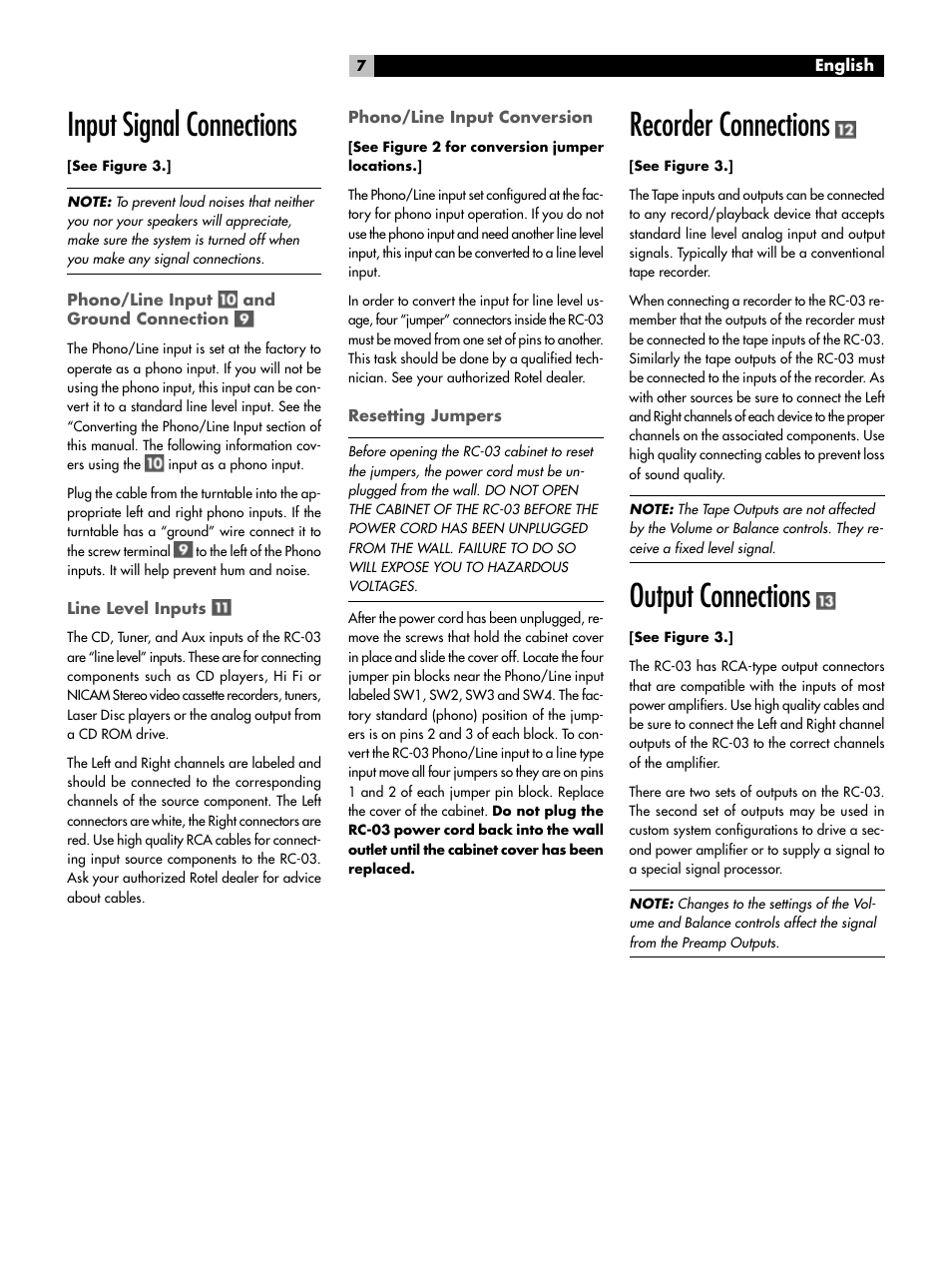 Input signal connections, Recorder connections, Output connections | ROTEL RC-03 User Manual | Page 7 / 10