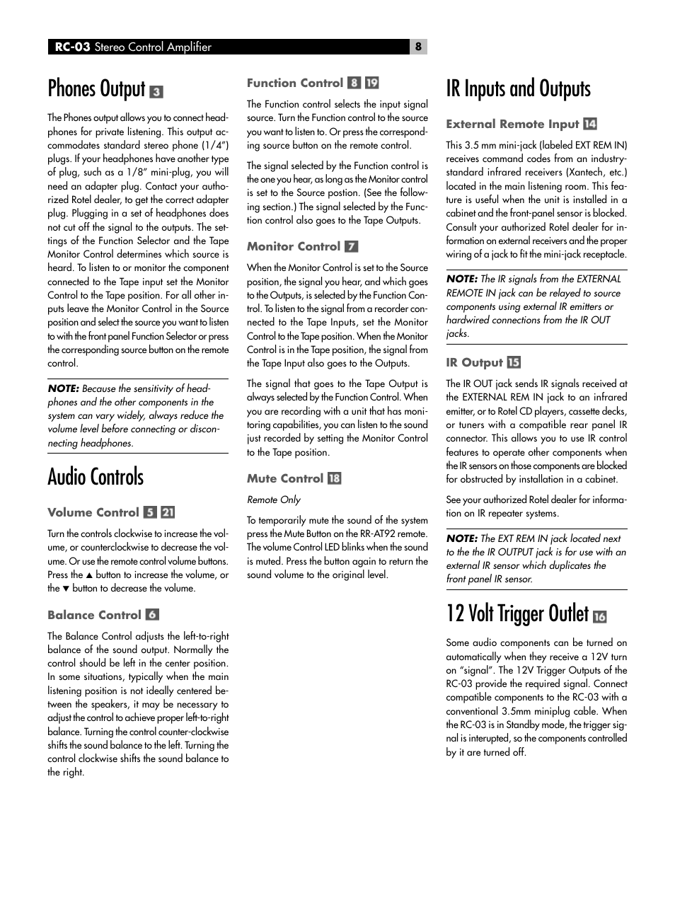 Phones output, Audio controls, Ir inputs and outputs | 12 volt trigger outlet | ROTEL RC-03 User Manual | Page 8 / 10