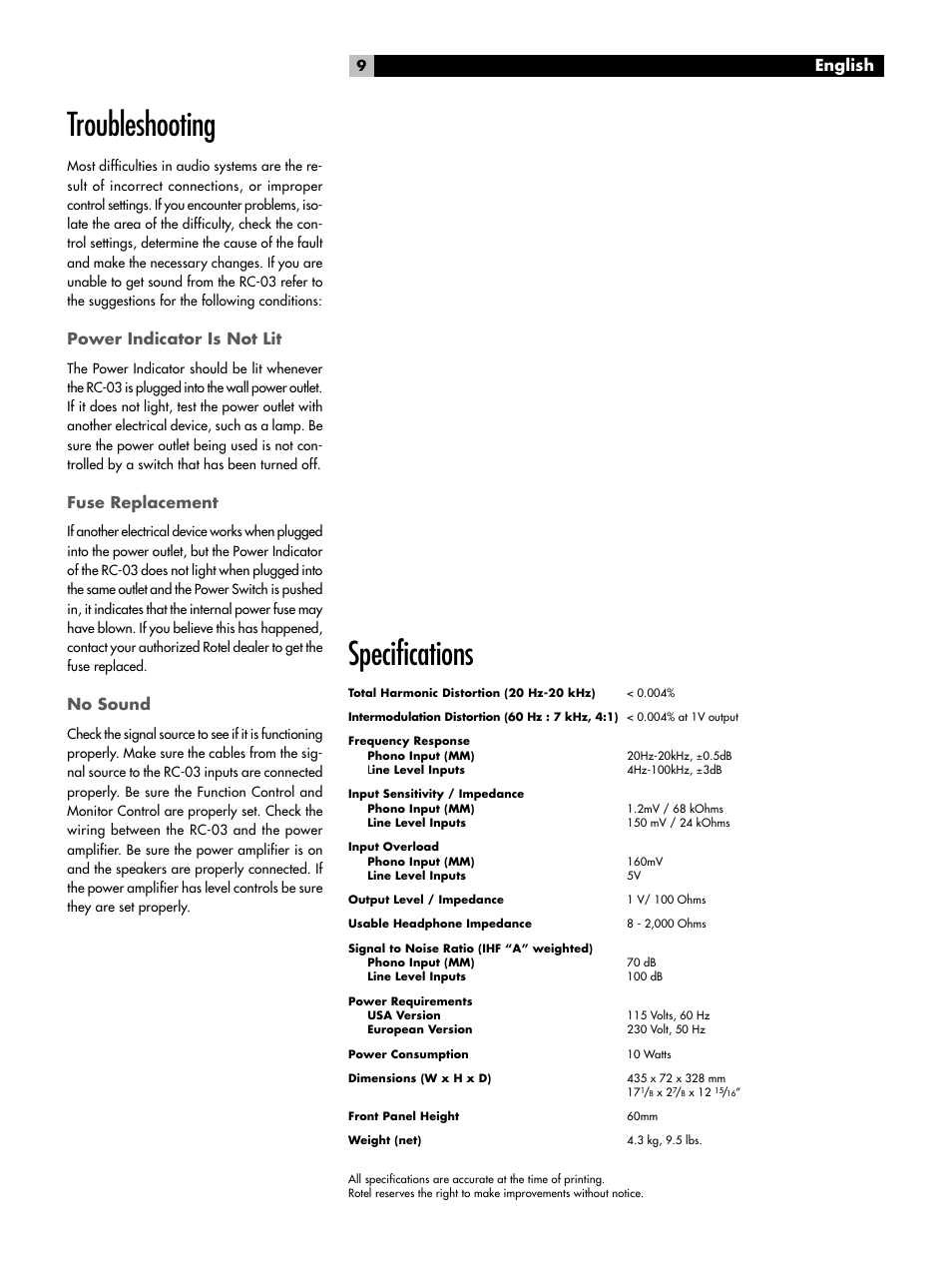 Specifications, Troubleshooting, English | Power indicator is not lit, Fuse replacement, No sound | ROTEL RC-03 User Manual | Page 9 / 10