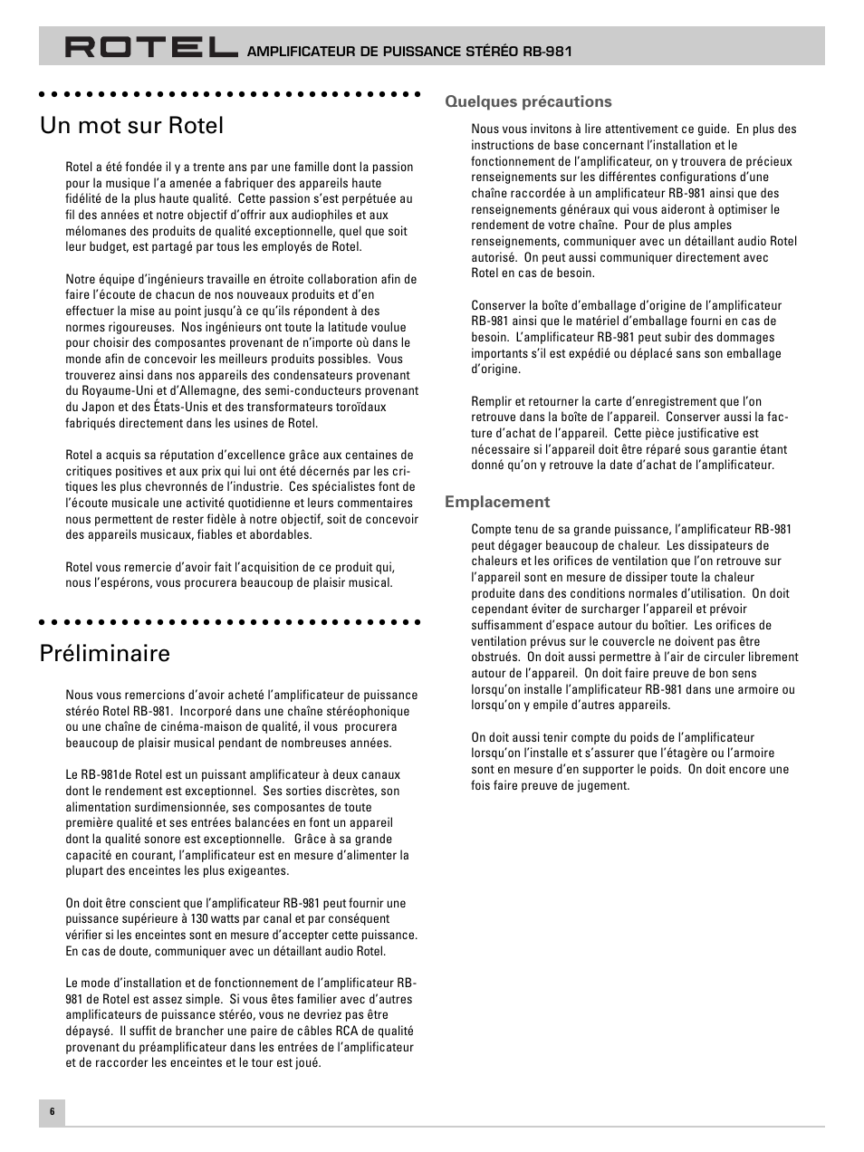 Un mot sur rotel, Préliminaire | ROTEL RB-981 User Manual | Page 10 / 30