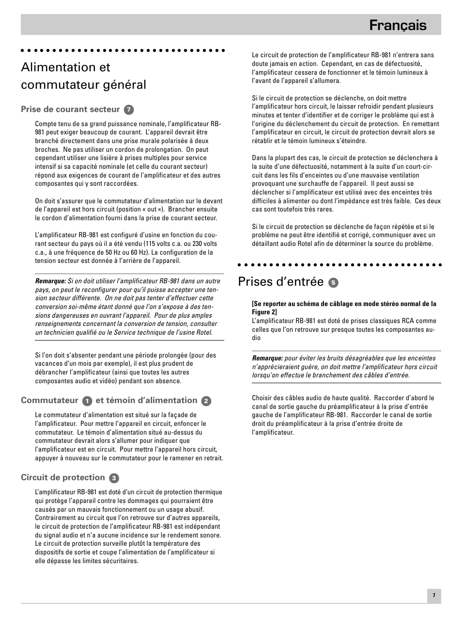 Français, Alimentation et commutateur général, Prises d’entrée | ROTEL RB-981 User Manual | Page 11 / 30