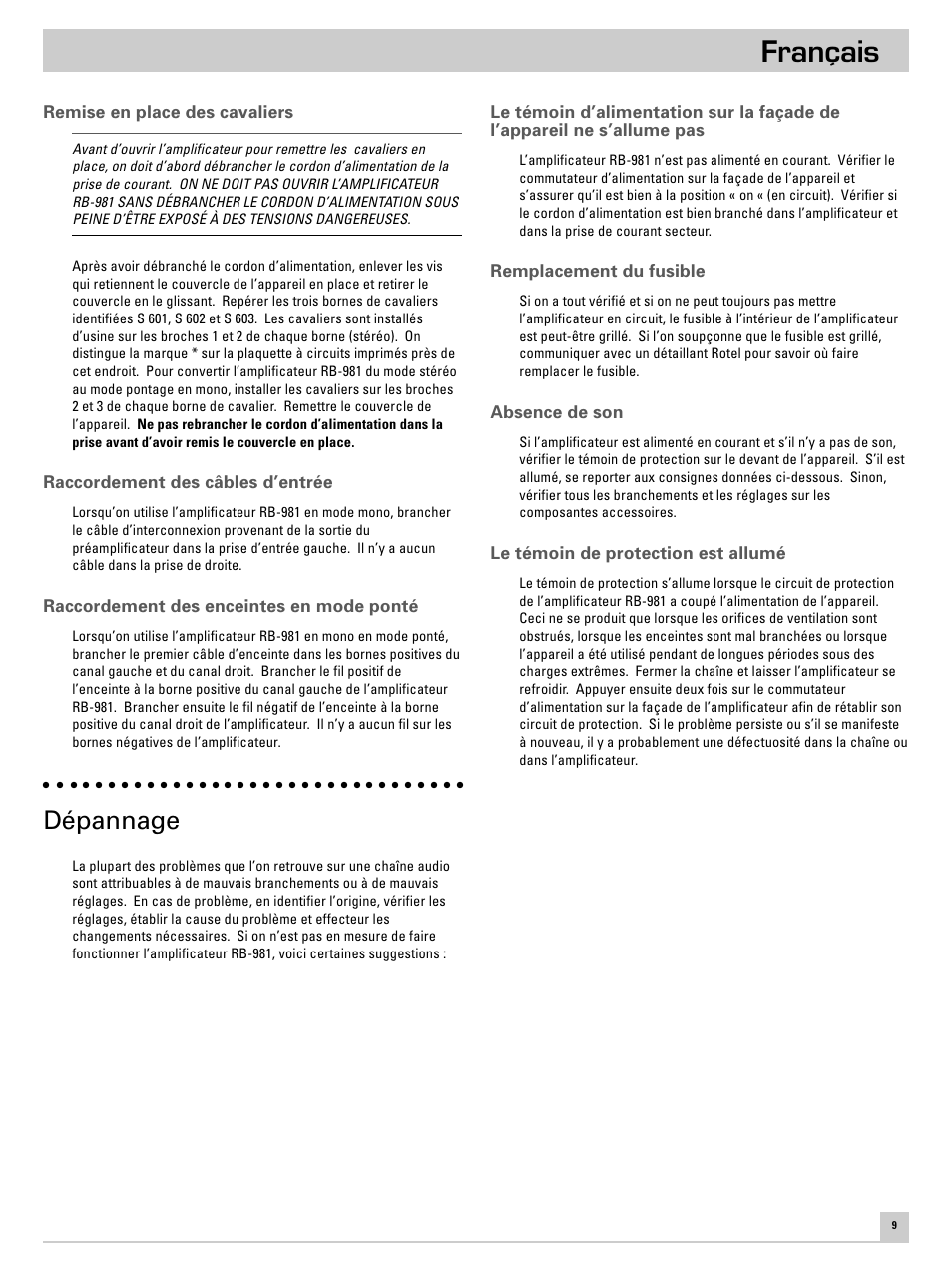 Français, Dépannage | ROTEL RB-981 User Manual | Page 13 / 30