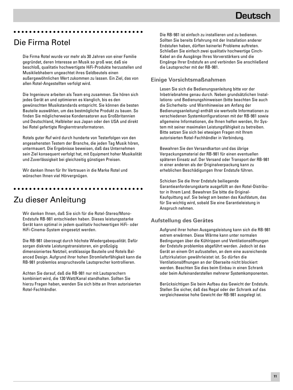 Deutsch, Die firma rotel, Zu dieser anleitung | ROTEL RB-981 User Manual | Page 15 / 30