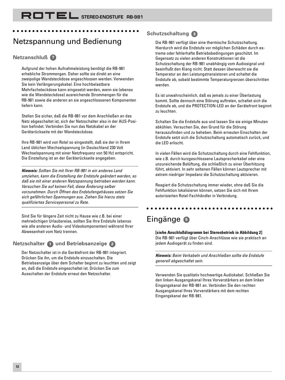 Netzspannung und bedienung, Eingänge | ROTEL RB-981 User Manual | Page 16 / 30