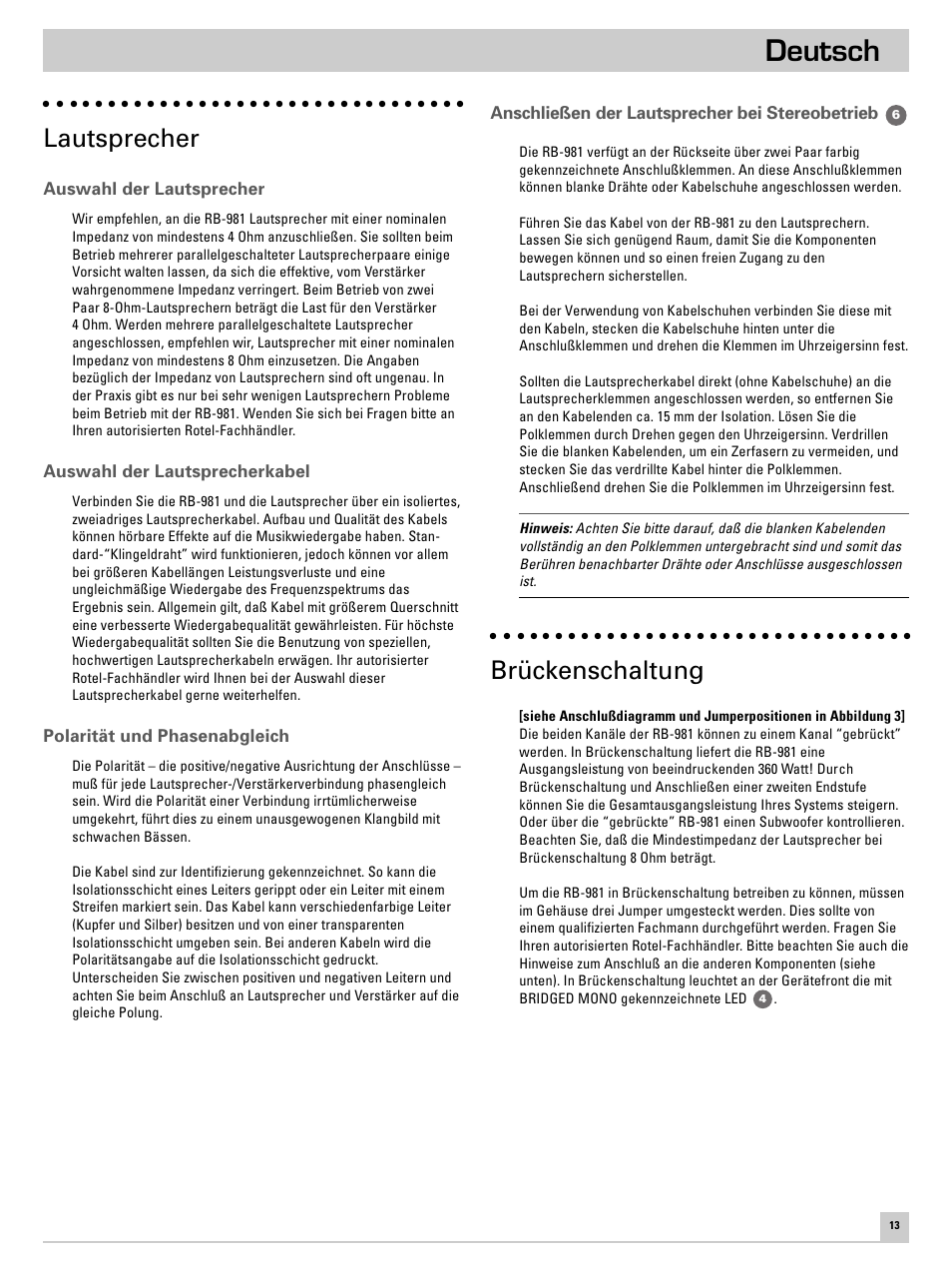 Deutsch, Lautsprecher, Brückenschaltung | ROTEL RB-981 User Manual | Page 17 / 30