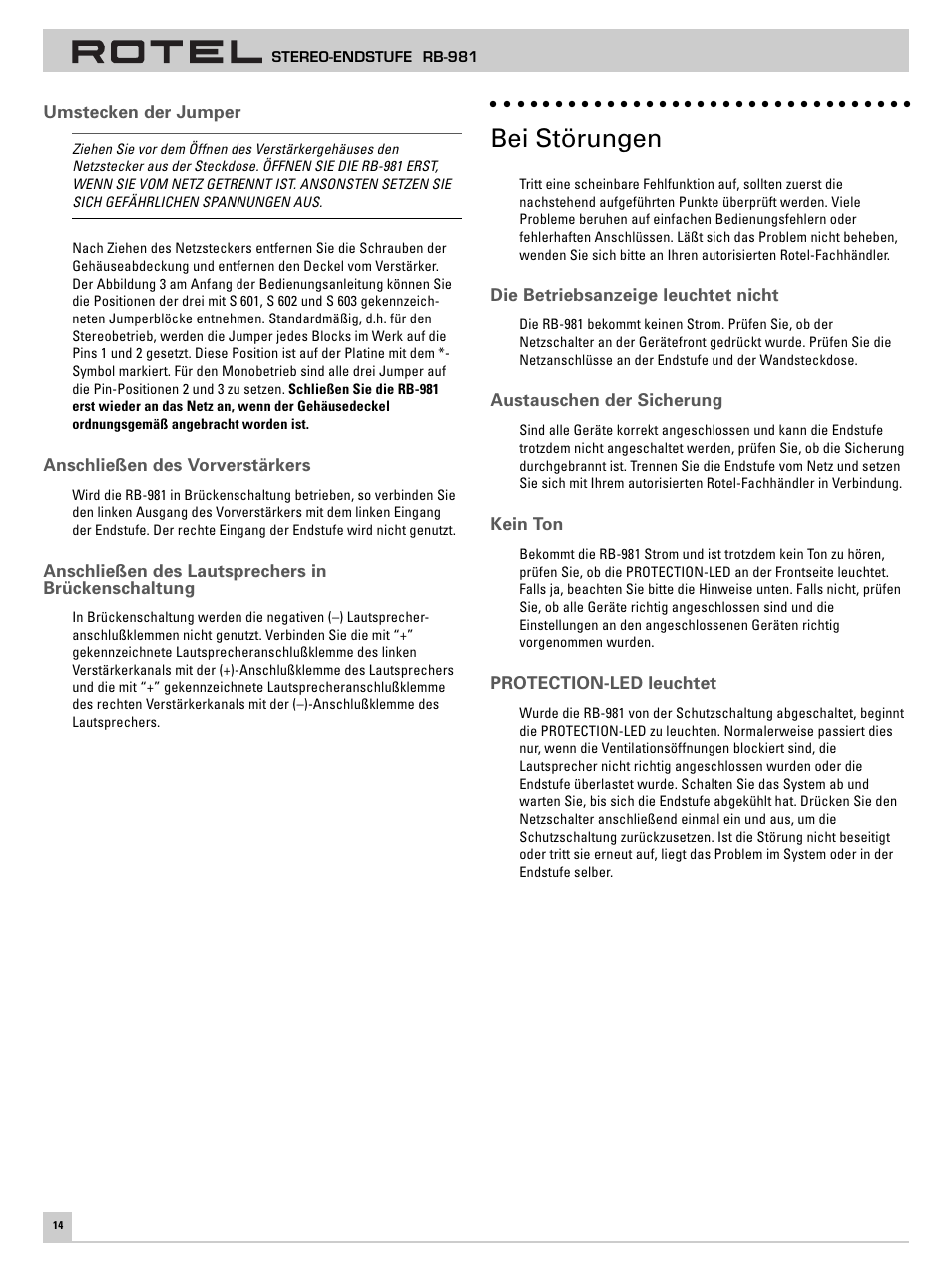 Bei störungen | ROTEL RB-981 User Manual | Page 18 / 30