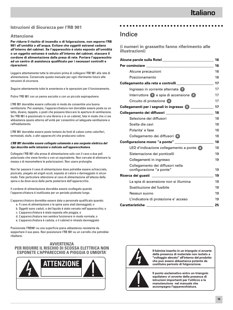 Italiano, Attenzione, Indice | ROTEL RB-981 User Manual | Page 19 / 30