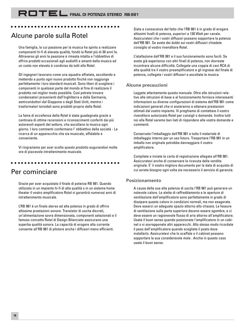 Alcune parole sulla rotel, Per cominciare | ROTEL RB-981 User Manual | Page 20 / 30