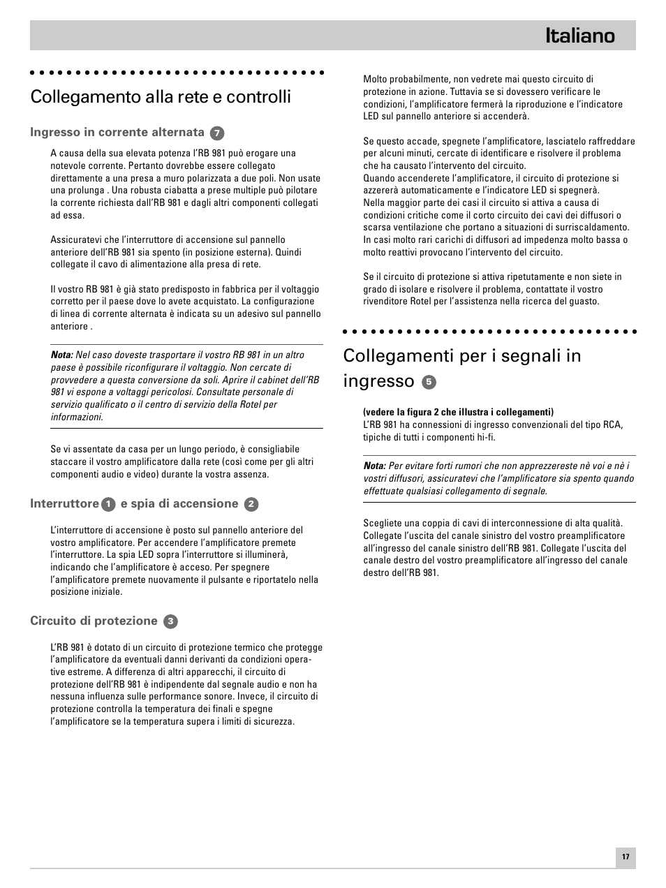 Italiano, Collegamento alla rete e controlli, Collegamenti per i segnali in ingresso | ROTEL RB-981 User Manual | Page 21 / 30