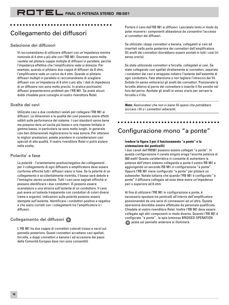 Collegamento dei diffusori, Configurazione mono “a ponte | ROTEL RB-981 User Manual | Page 22 / 30