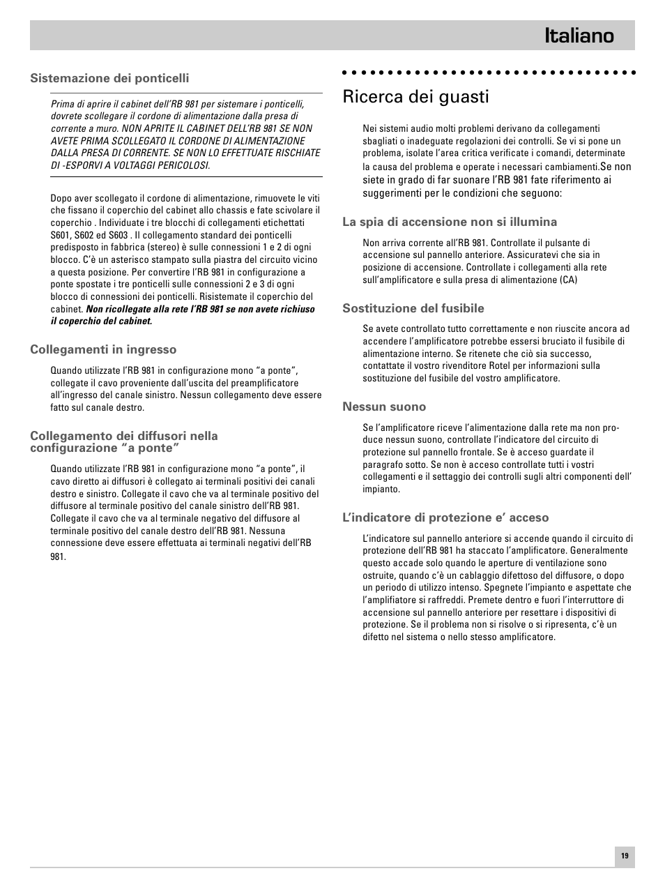 Italiano, Ricerca dei guasti | ROTEL RB-981 User Manual | Page 23 / 30