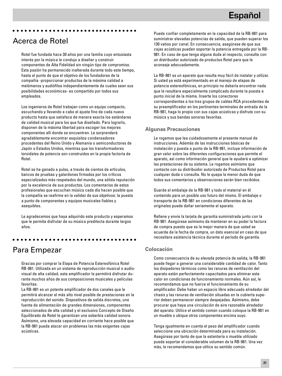 Español, Acerca de rotel, Para empezar | ROTEL RB-981 User Manual | Page 25 / 30