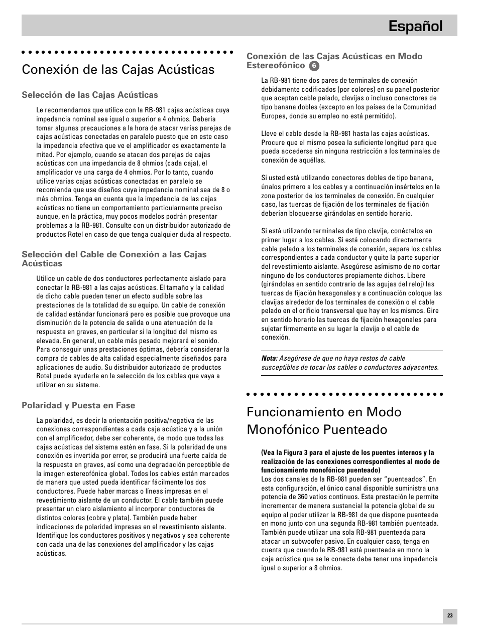 Español, Conexión de las cajas acústicas, Funcionamiento en modo monofónico puenteado | ROTEL RB-981 User Manual | Page 27 / 30