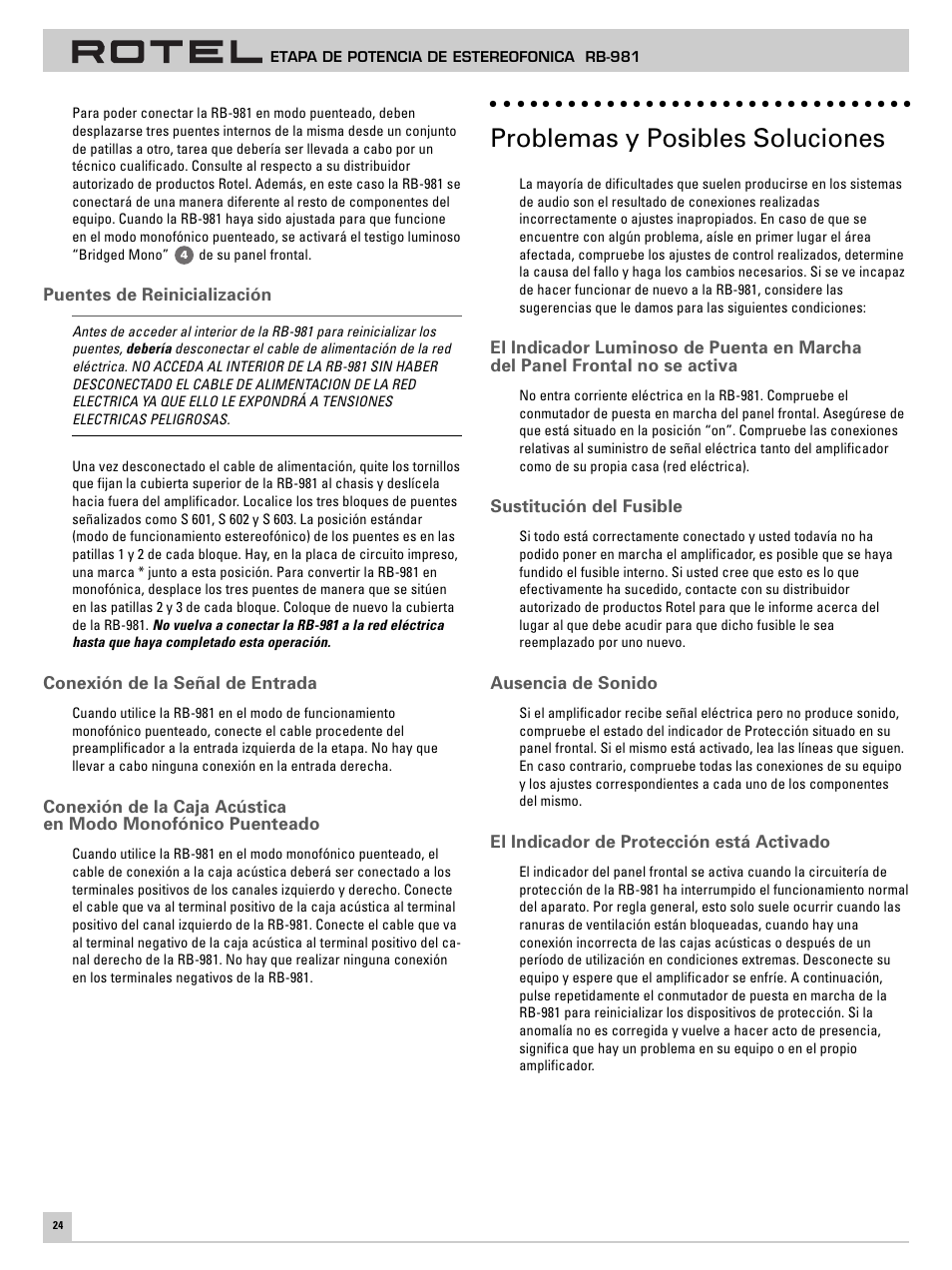 Problemas y posibles soluciones | ROTEL RB-981 User Manual | Page 28 / 30