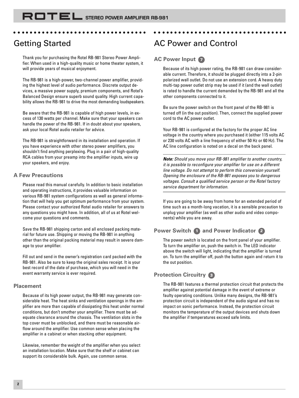 Getting started, Ac power and control | ROTEL RB-981 User Manual | Page 6 / 30