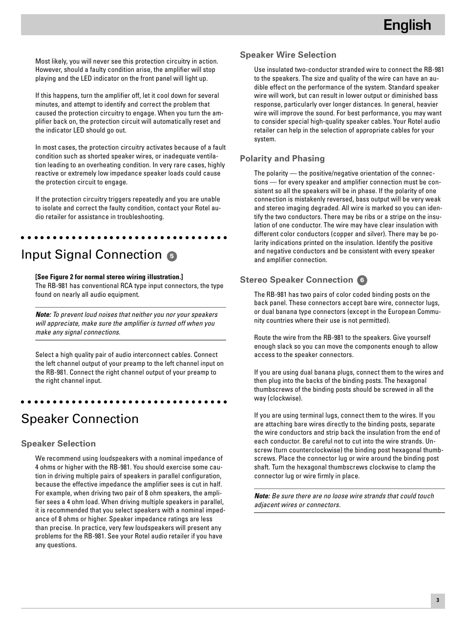 English, Input signal connection, Speaker connection | ROTEL RB-981 User Manual | Page 7 / 30