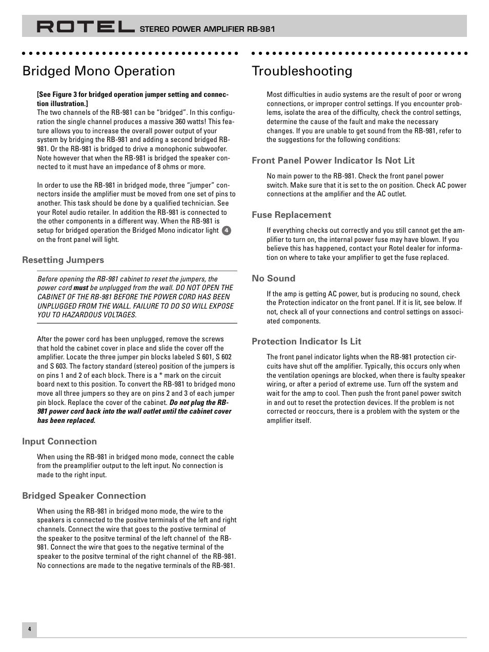 Bridged mono operation, Troubleshooting | ROTEL RB-981 User Manual | Page 8 / 30