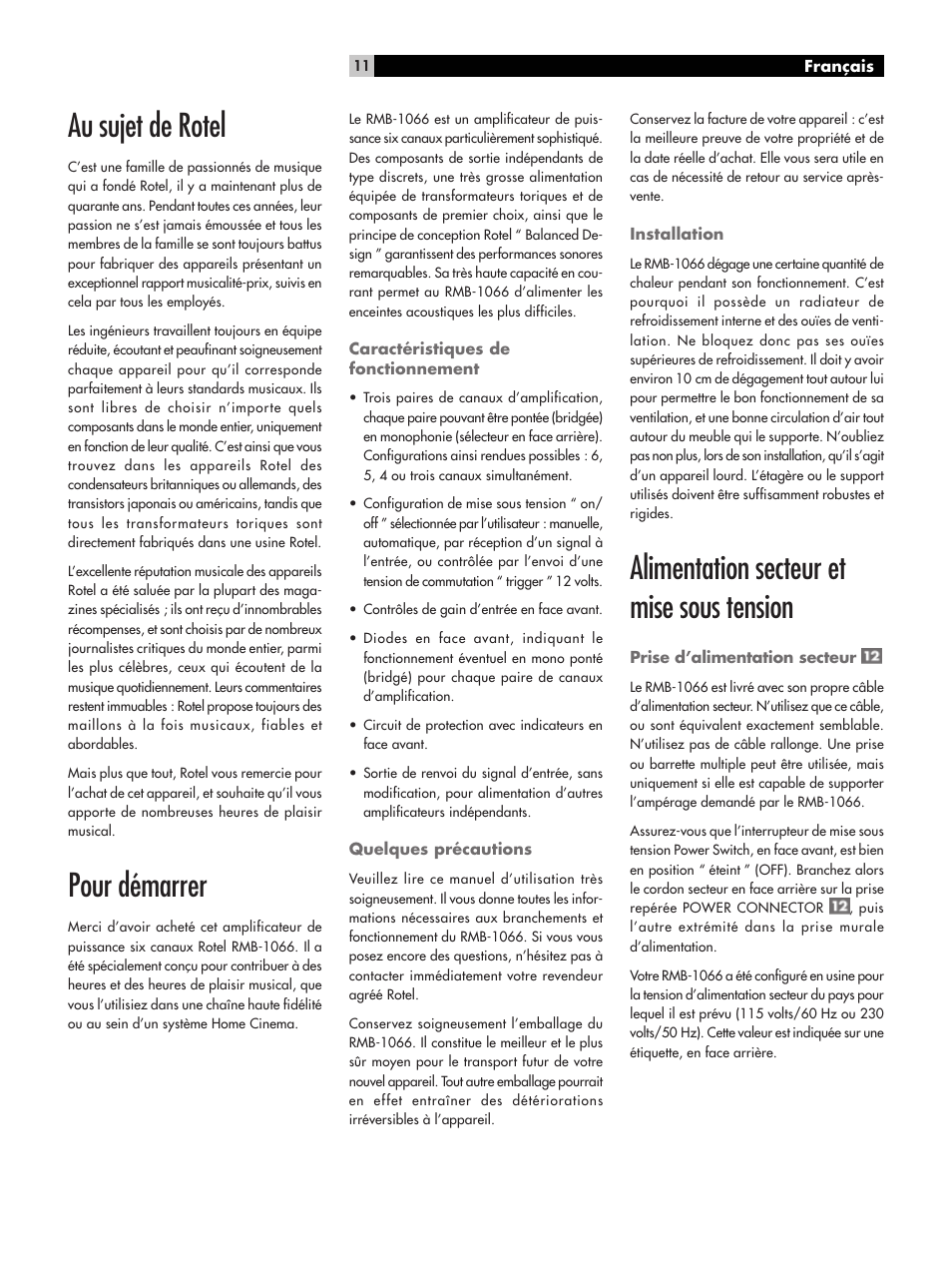 Au sujet de rotel, Pour démarrer, Alimentation secteur et mise sous tension | ROTEL RMB-1066 User Manual | Page 11 / 40
