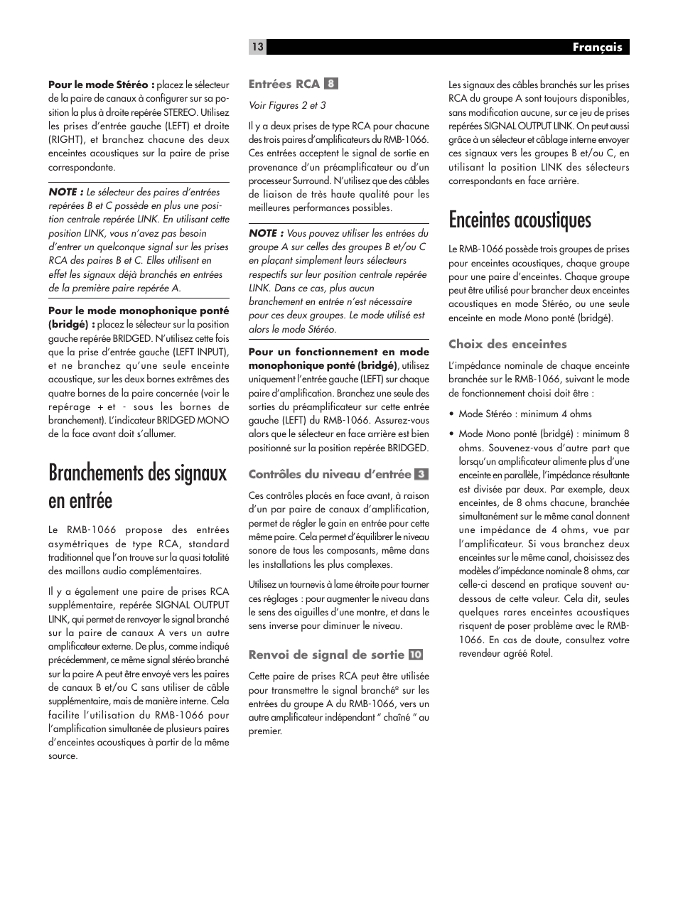 Branchements des signaux en entrée, Enceintes acoustiques | ROTEL RMB-1066 User Manual | Page 13 / 40