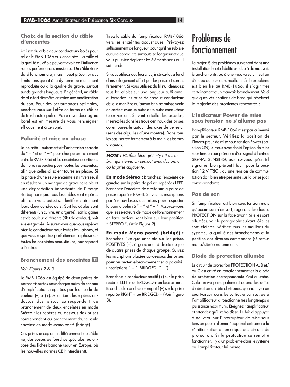 Problèmes de fonctionnement | ROTEL RMB-1066 User Manual | Page 14 / 40