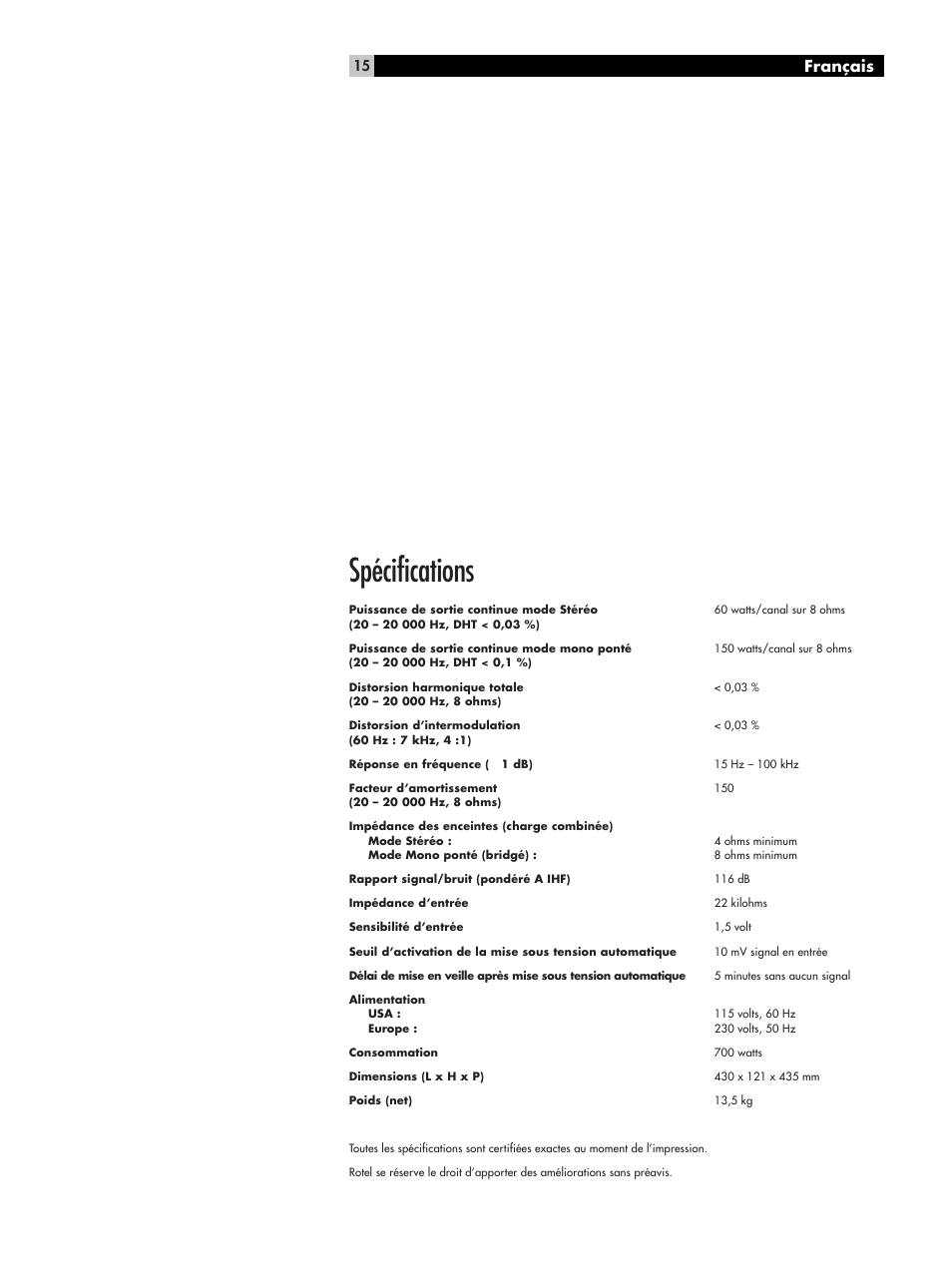 Spécifications, Français | ROTEL RMB-1066 User Manual | Page 15 / 40