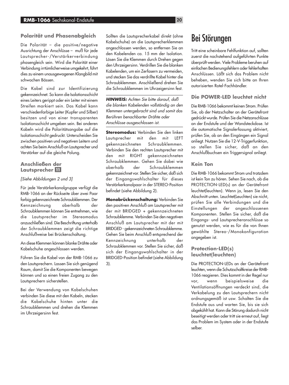 Bei störungen | ROTEL RMB-1066 User Manual | Page 20 / 40