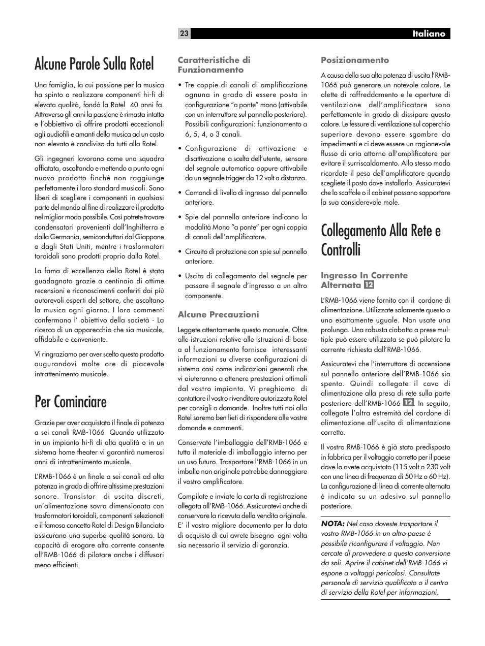 Alcune parole sulla rotel, Per cominciare, Collegamento alla rete e controlli | ROTEL RMB-1066 User Manual | Page 23 / 40