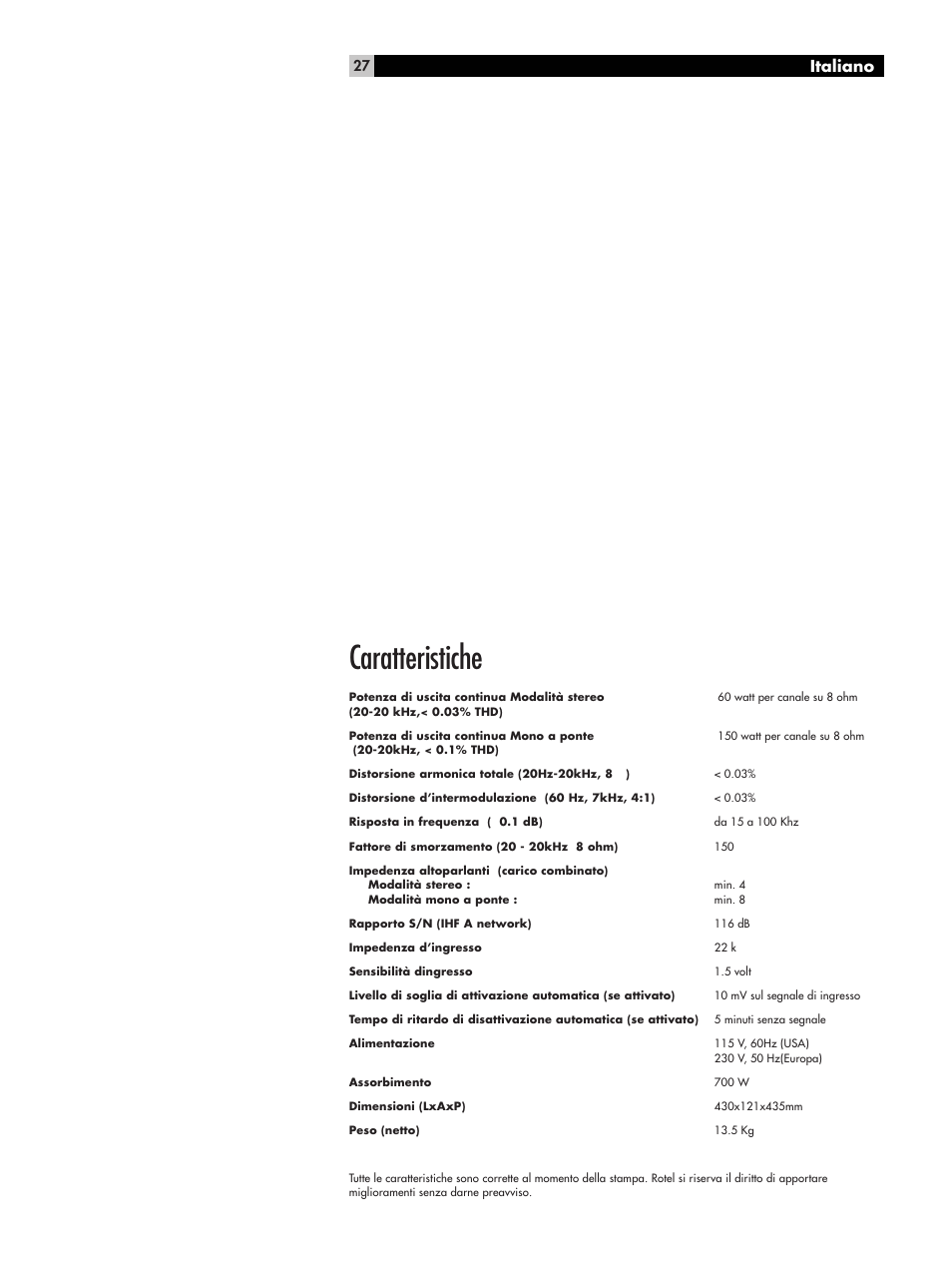 Caratteristiche, Italiano | ROTEL RMB-1066 User Manual | Page 27 / 40