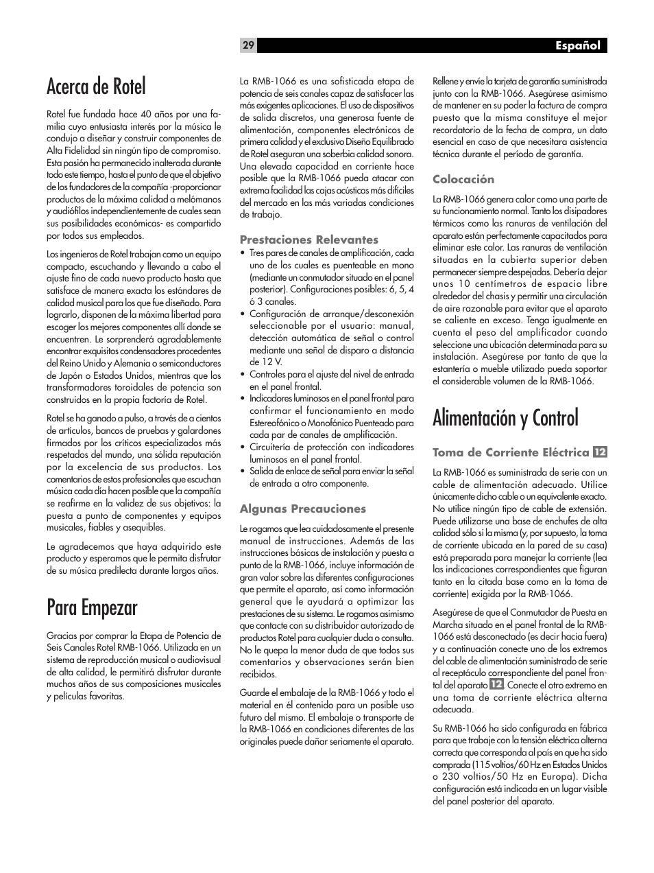 Acerca de rotel, Para empezar, Alimentación y control | ROTEL RMB-1066 User Manual | Page 29 / 40
