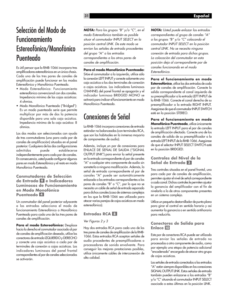 Conexiones de señal | ROTEL RMB-1066 User Manual | Page 31 / 40