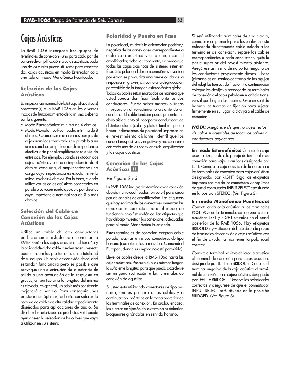 Cajas acústicas | ROTEL RMB-1066 User Manual | Page 32 / 40