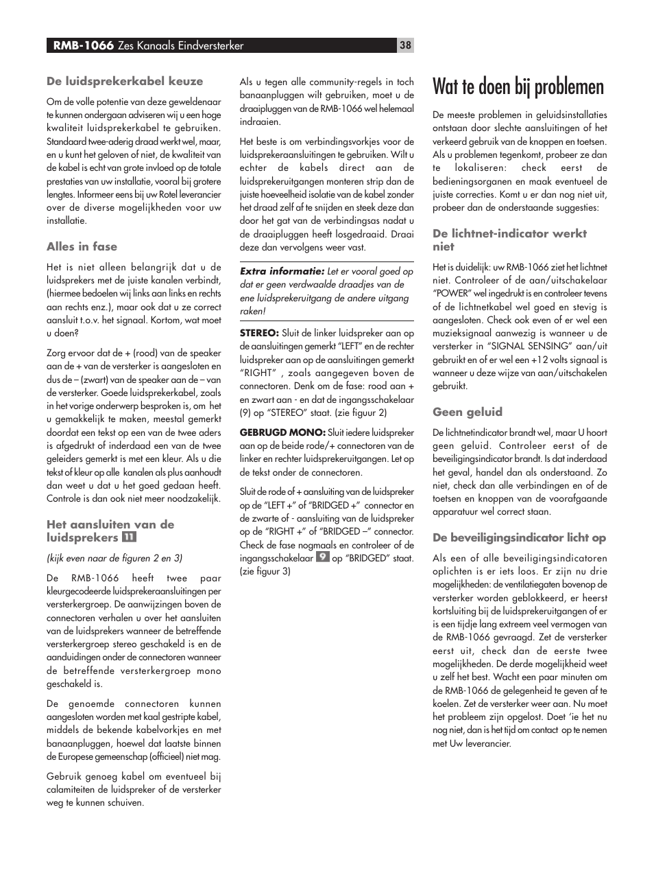 Wat te doen bij problemen | ROTEL RMB-1066 User Manual | Page 38 / 40