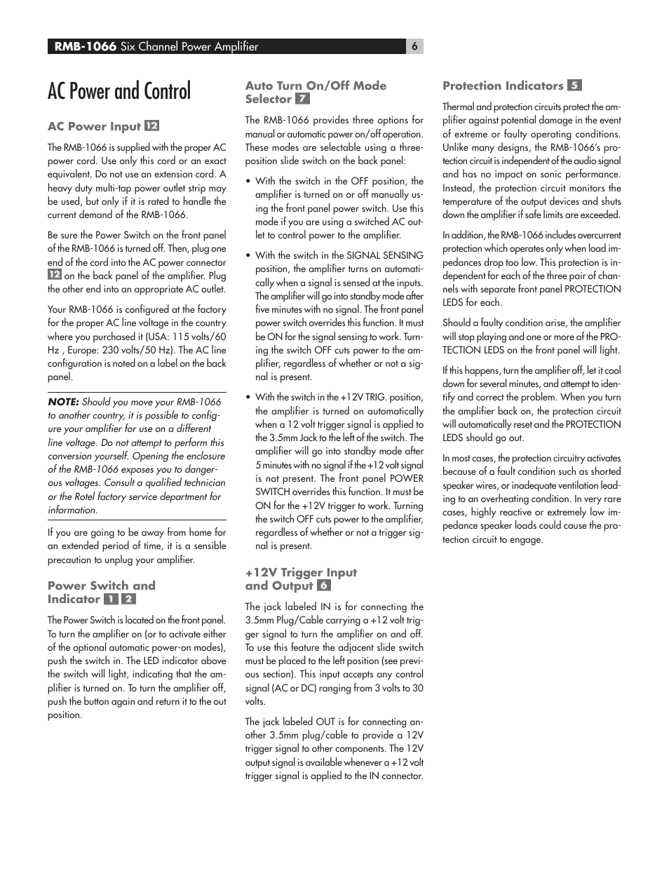 Ac power and control | ROTEL RMB-1066 User Manual | Page 6 / 40